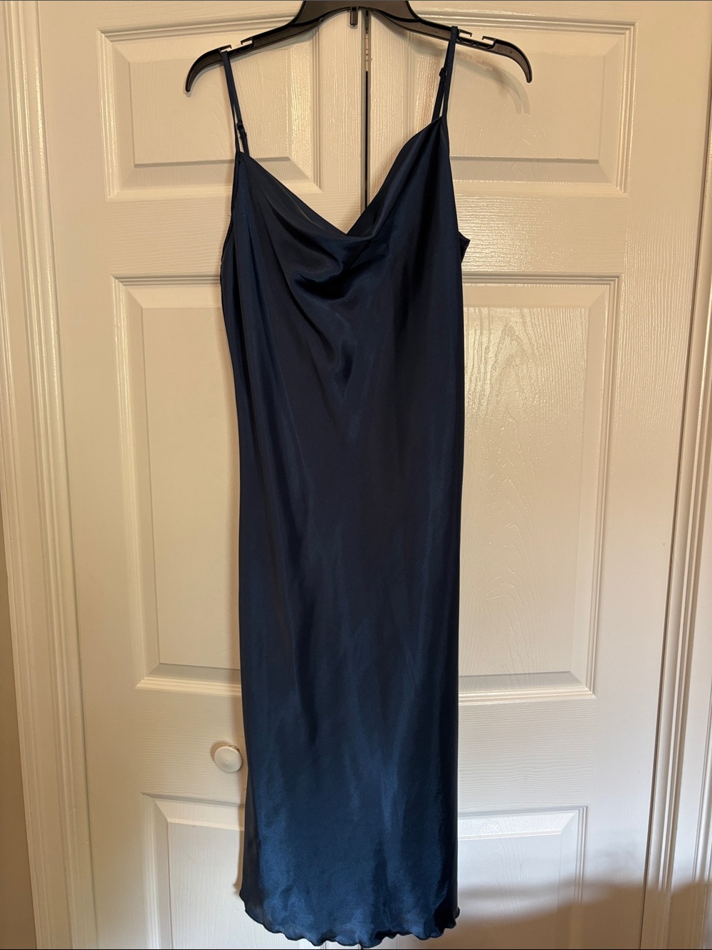 bebe Navy Satin Cowl Slip Dress